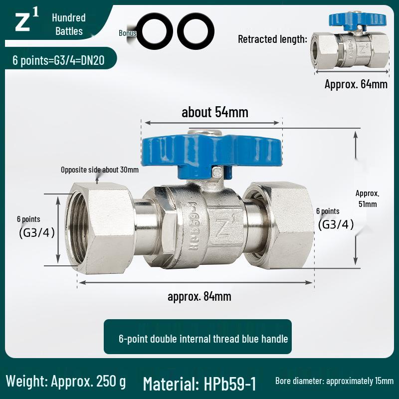 Full Copper Water Heater Union Ball Valve, Male/Female Thread, 6 to 4 Points Large Flow for Wall-Hung Boiler