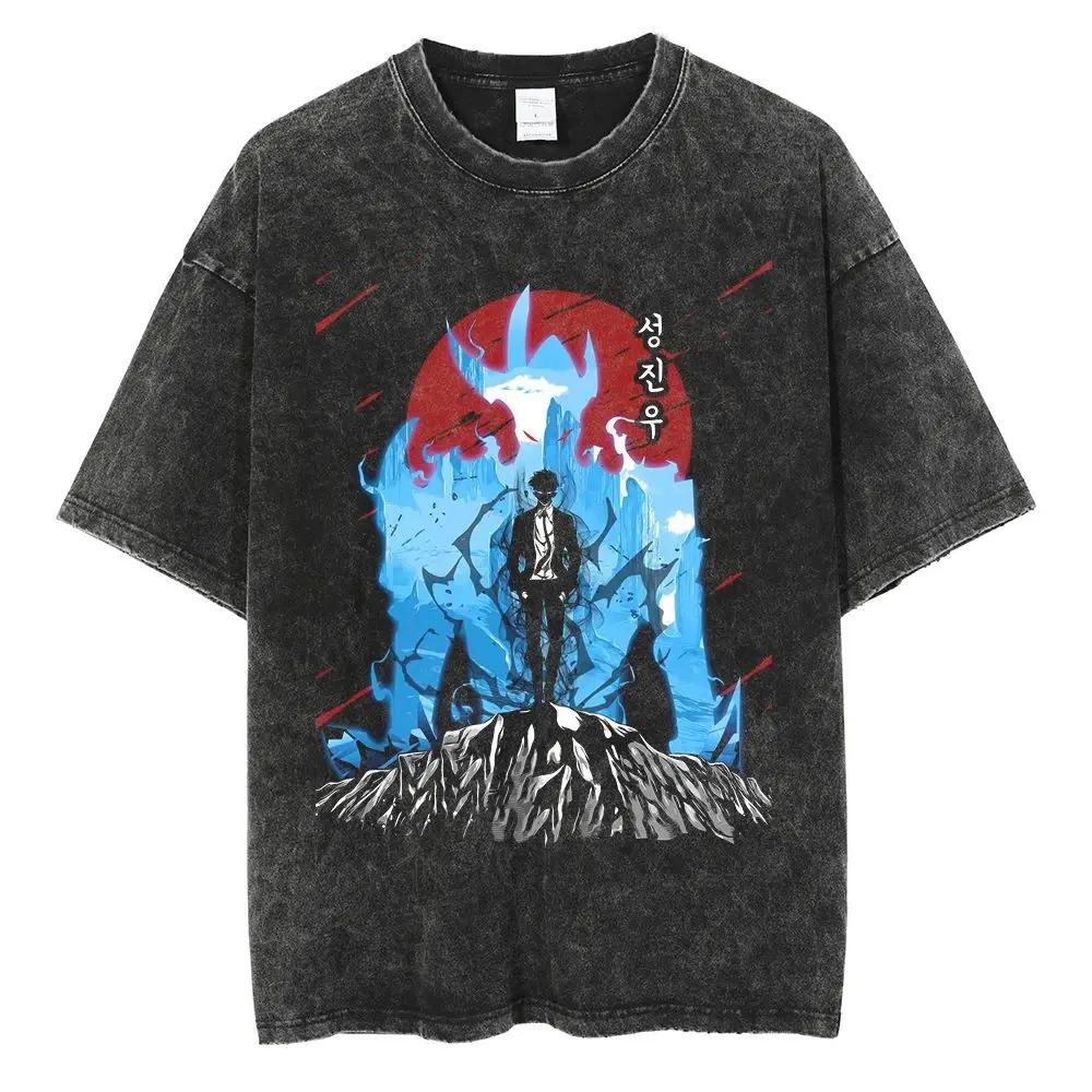 Hot Summer Anime Solo Leveling Sung Jin Woo Print T-shirt Women High Quality Washed Cotton T-shirts Harajuku Plus Size T Shirt