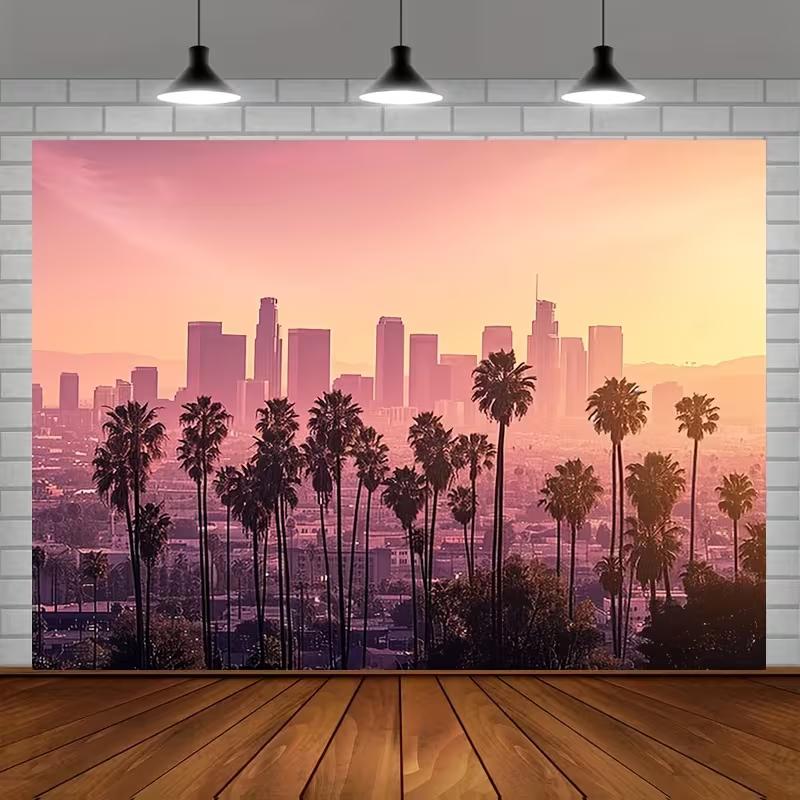

2D Los Angeles City Skyline Sunset Palm Tree Tapestry California Landscape Wall Hanging 47.2x31.5inch/120*80cm