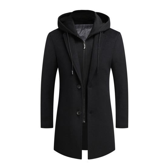 Men Winter Overcoat Fake Two Piece Wool Long Sleeves Mid Length Zipper Warm Formal Plus Size Detachable Hat Winter Coat for Daily Wear