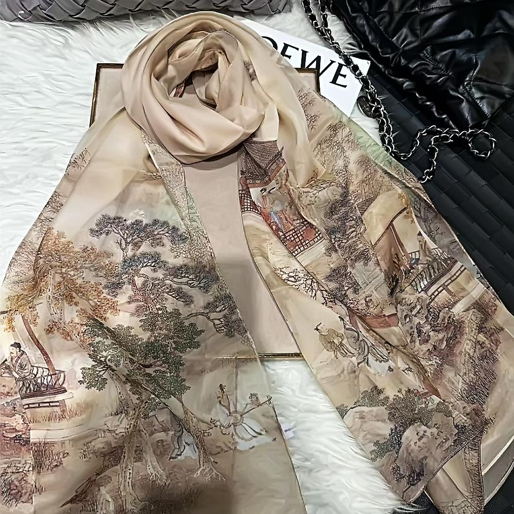 Blue Green 100% Silk Shawl Scarf Women Fashion New Floral Design Long Scarves Wraps Summer Chiffon Beach Scarf Wrap 180*110Cm