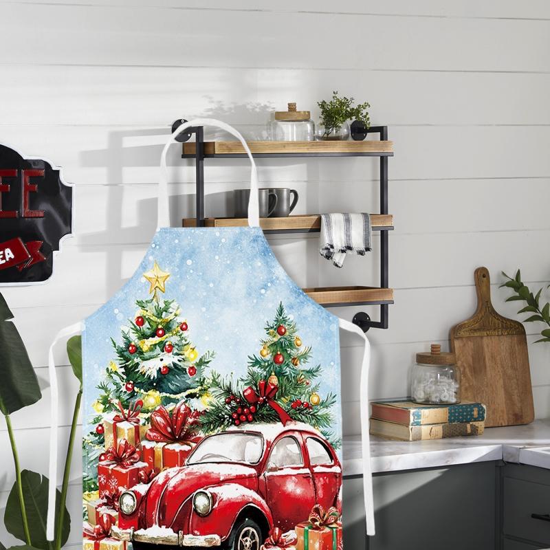 1PC Cartoon Print Waterproof Apron Protective Party Breathable Kitchen Adjustable Santa Claus Stain-Resistant 68x55cm