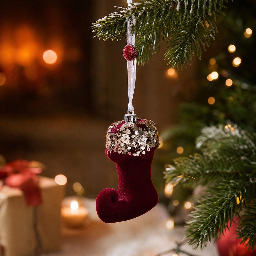 Christmas Tree Hanging Ornaments, Flocked Wine Red Plastic Decorations for Holiday Scene Display
