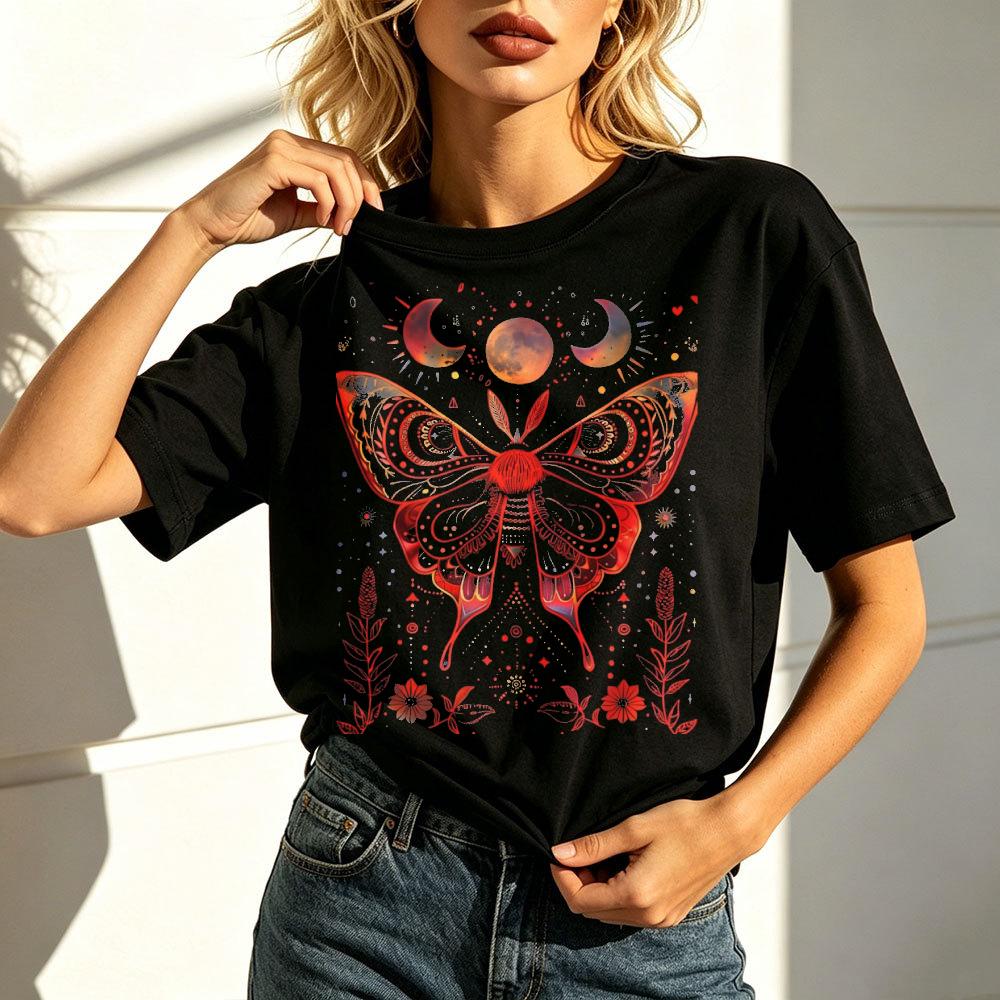 Regular Short Sleeve Shirt Red Black Floral Moon Phase Gothic Occult Dark Academia Aesthetic Print Unisex Crewneck Streetwear Vi