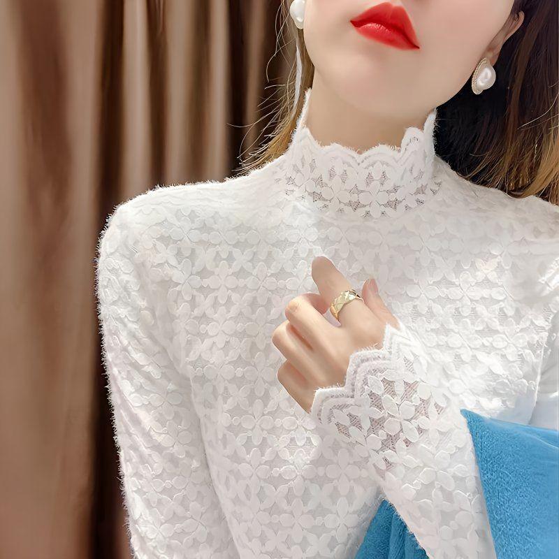 Women's Stylish Slim Fit Lace Brushed Base Layer Shirt - Autumn & Winter Fashion