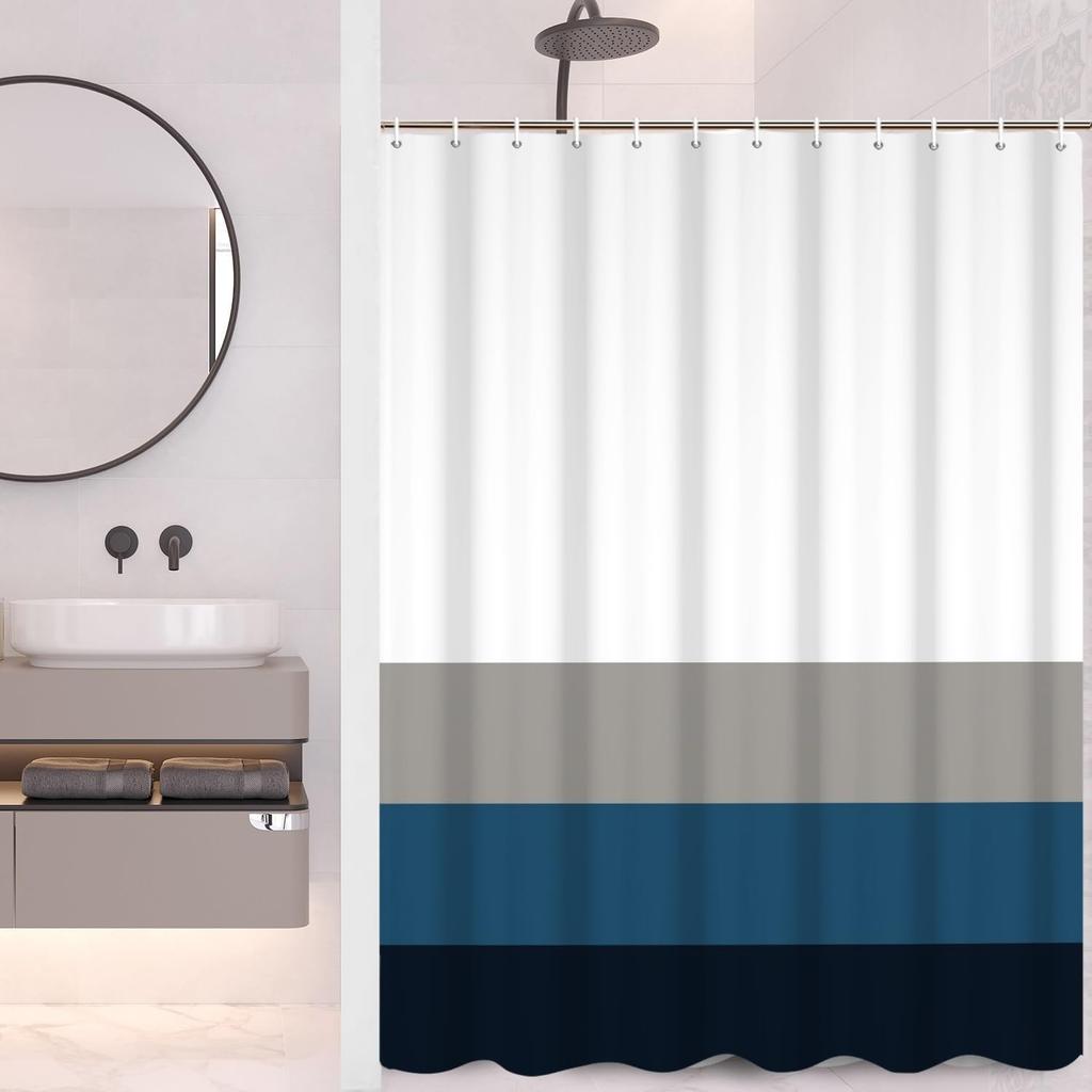 Striped Fabric Bathroom Shower Curtain-Modern Simple Polyester Waterproof Blue Grey Abstract Line Pattern With Hook
