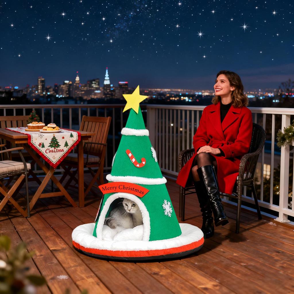 Enclosed Cat Bed Warm Christmas Tree Anti-Slip Bottom Pet Supplies Soft Sleeping Kitten Bed Cat Cave For Puppy Kitten Pet Indoor