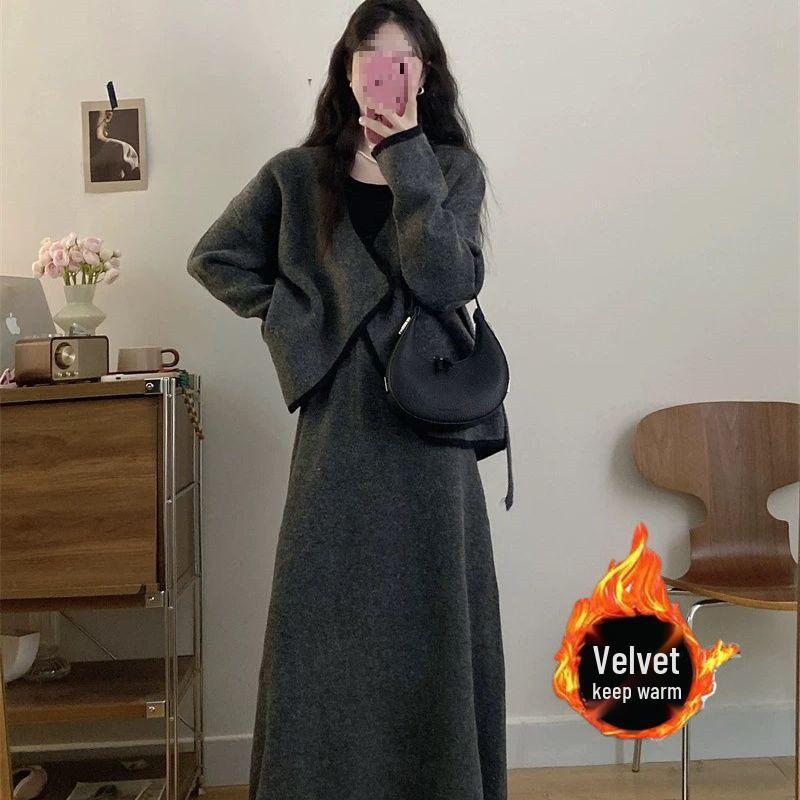 Damen Übergröße Unregelmäßiges Zweiteiliges Set mit Fleece-Futter: Schlankmachender Midirock für Herbst/Winter