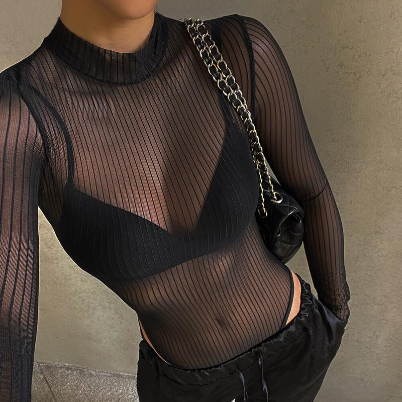 Summer Retro Sexy See Through Striped Mesh Slim Fitting Jumpsuit for Women
