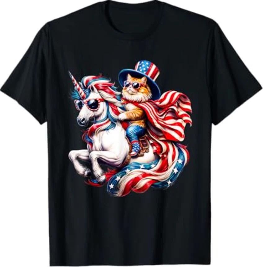 Cat Riding Unicorn USA Flag Patriotic 4th of July T-Shirt 2XL