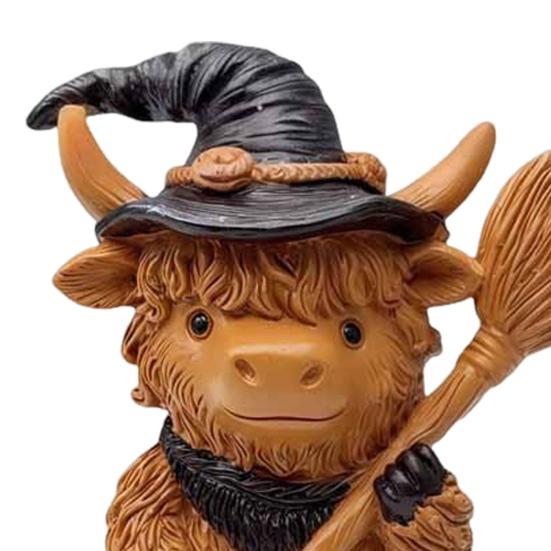 2Pcs Halloween Highland Cow Resin Figurine Wizard Hat Pumpkin Broom Cattle Statue Sculpture Holiday Party Decoration Ornament