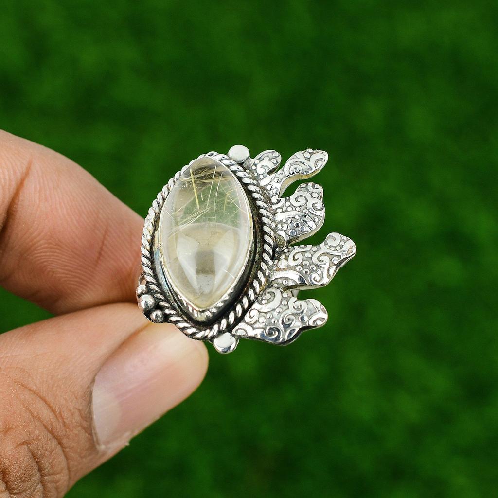 Gift For Her Natural Golden Rutile Stackable Adjustable Ring 925 Silver