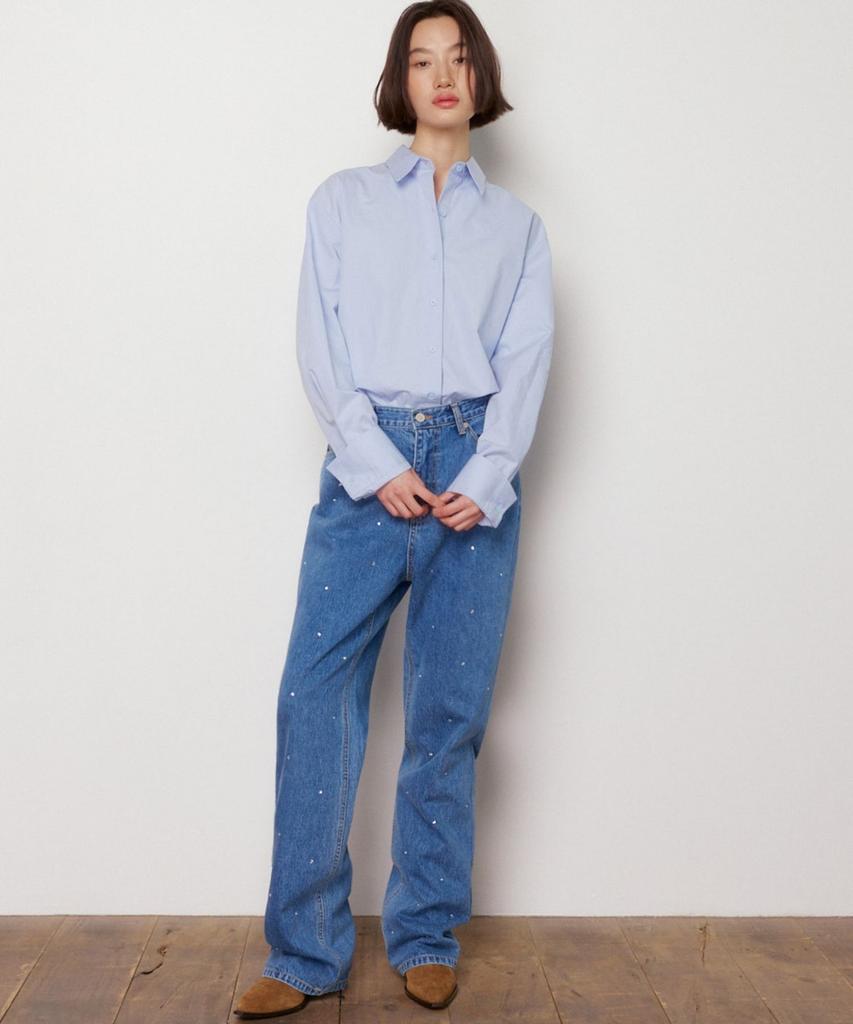 Okuka Shiny Wide Denim Pants - Blue