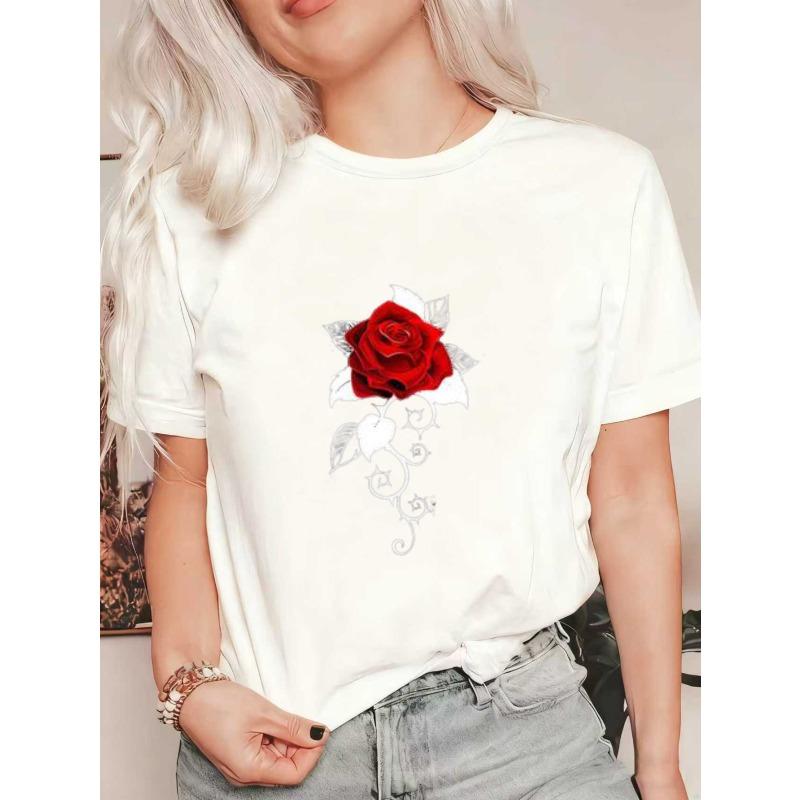 

Женская футболка с коротким рукавом с принтом в виде красной розы и серебристых линий XXXXL белый