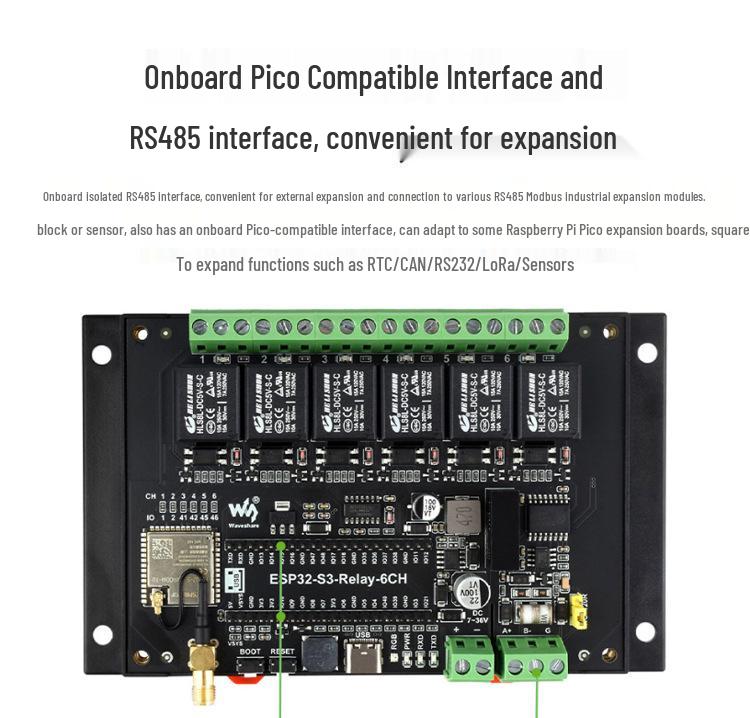 ESP32-S3 Industrial Isolated 6-Channel Network Relay Module with WiFi, Bluetooth 5, RS485, Dual-Core.