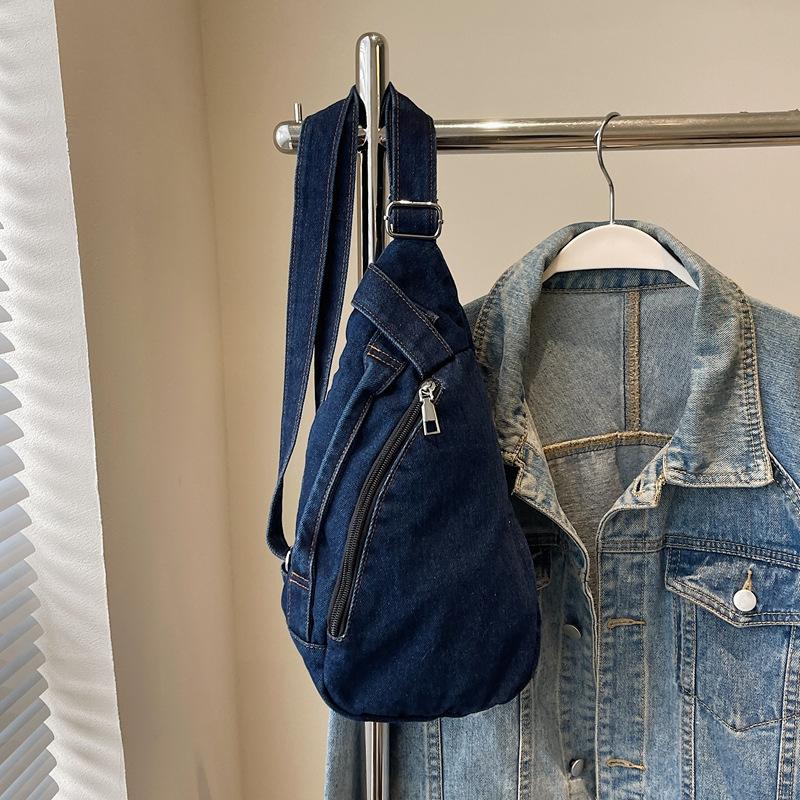 Retro denim women's breast bag simple large capacity casual shoulder bag Korean style portable messenger bag