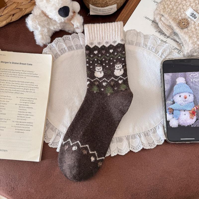 Warm, Soft and Lazy Wool Socks, Female Snowman, Christmas Tree, Thickened and Warm Cashmere Mid-calf Socks for Autumn and Winter