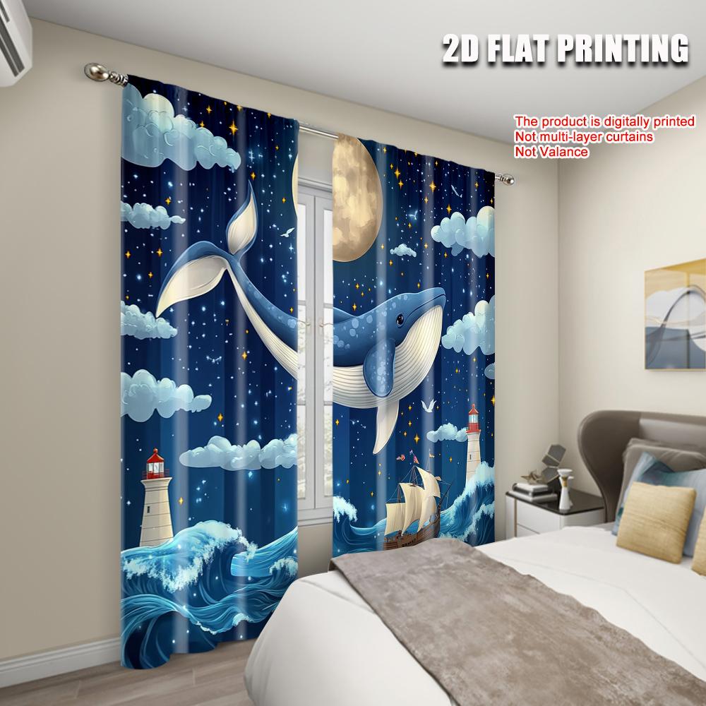 2pcs, plane printing Minimalist Curtains Watercolor Whale Polyester (without rod) Outdoor Decorations Ldeal for Bedroom &
