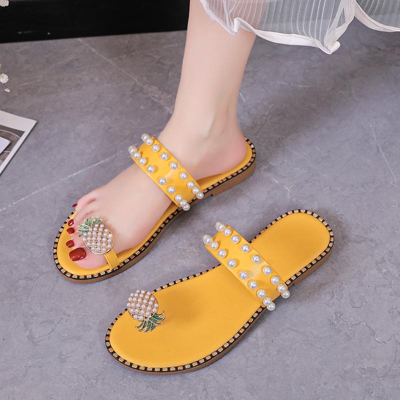 Fashion Large Size Women's Slip-On Sandals Hot Sale Of The Season New Diamond-Pineapple Flat Bottom Beach Toe Covering Summer Shoes