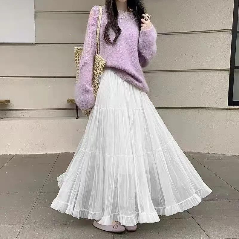 Spring Elegant Pleated Skirt for Women with Elastic Waist Slim Fit A-Line Long Design