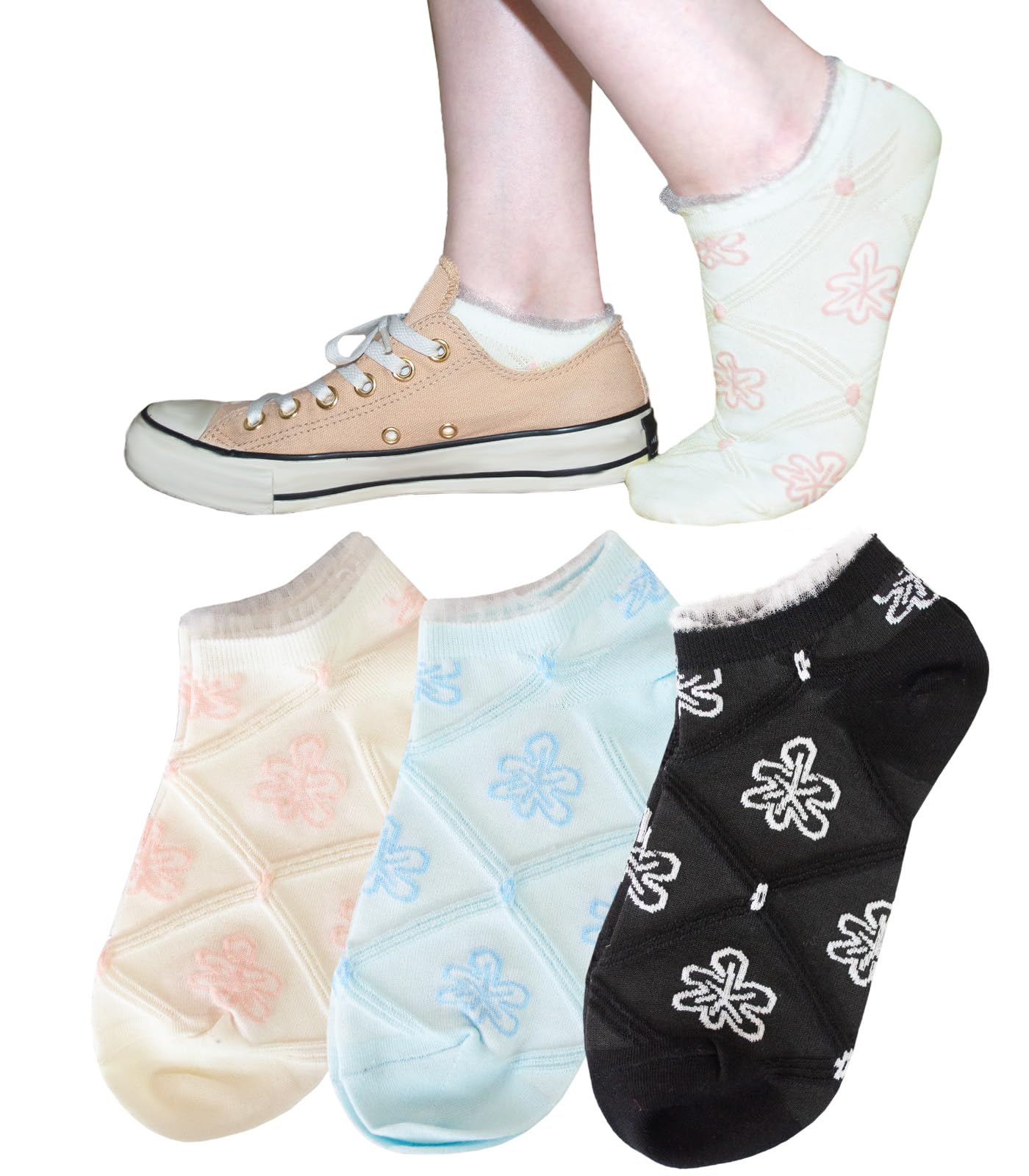 

Chica Hurra Set of Floral Lace Ankle Stays in Reduces Mellow Suitable for Suits Women s 3-Pair Socks, Ankle-Length, Socks, Cute, Boxed, Thin, Soft,