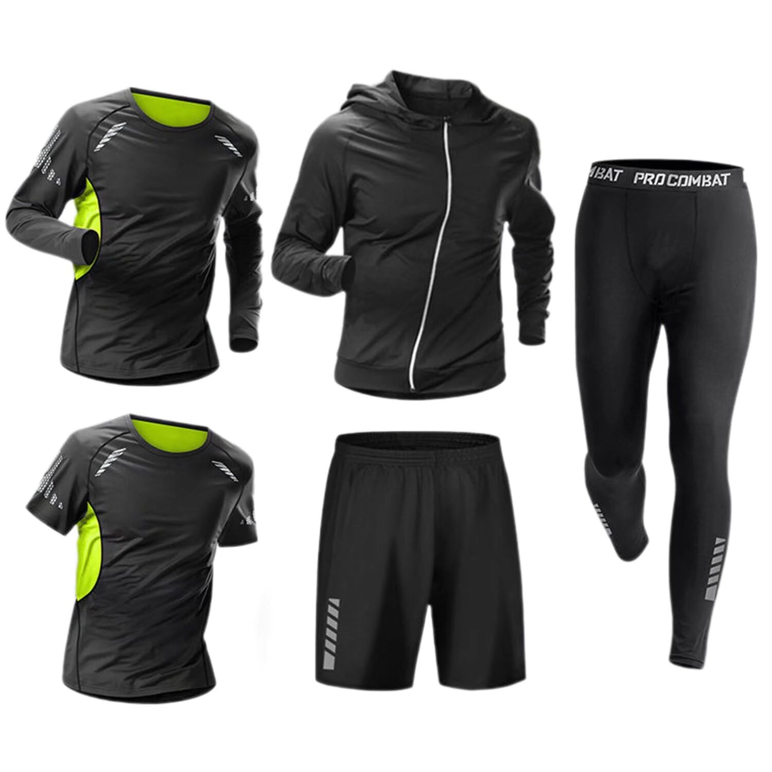 

Yucahype Compression Wear Reflective Top and Sportswear for Running and Includes and Tights Black Men s 5-Piece Set, Bottoms, Breathable,