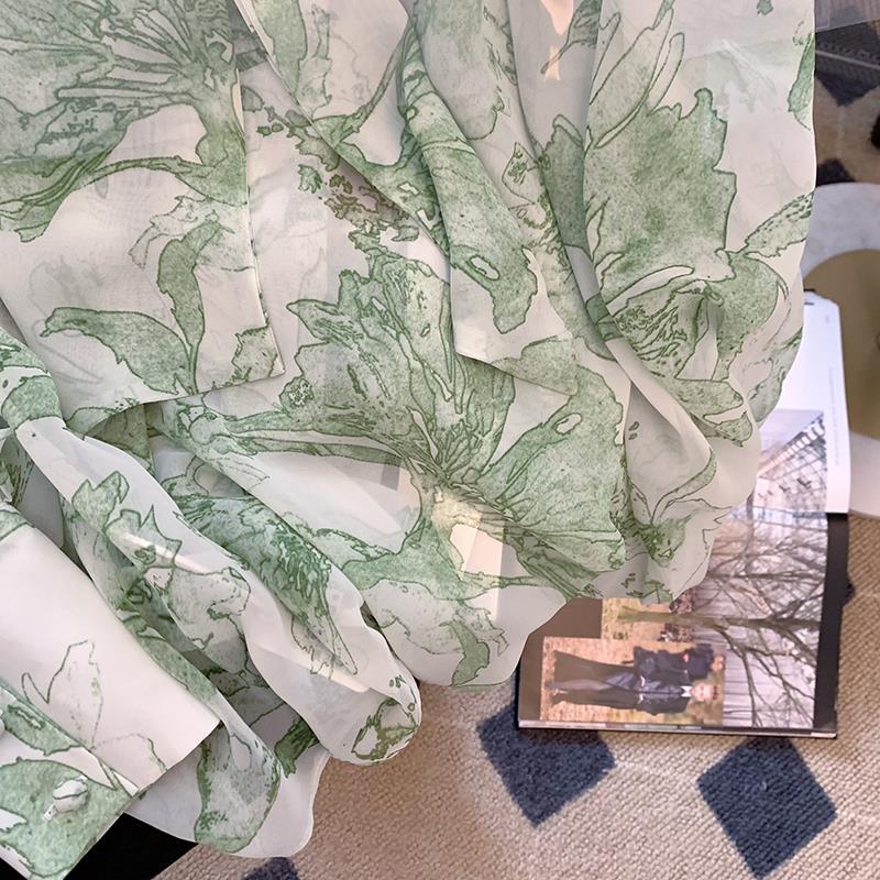 French-style Green Print Tied Chiffon Blouse Women  Early Spring New Vintage Long Sleeve Shirt