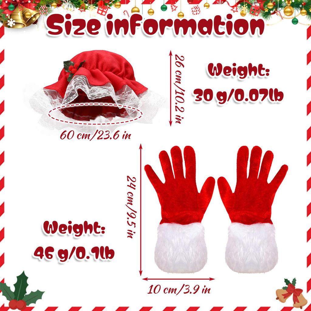Mrs Claus Costume Hat and Gloves Set Red White Christmas Role Play Dress Up Accessories Gift for Women Girls Kids Party Photo