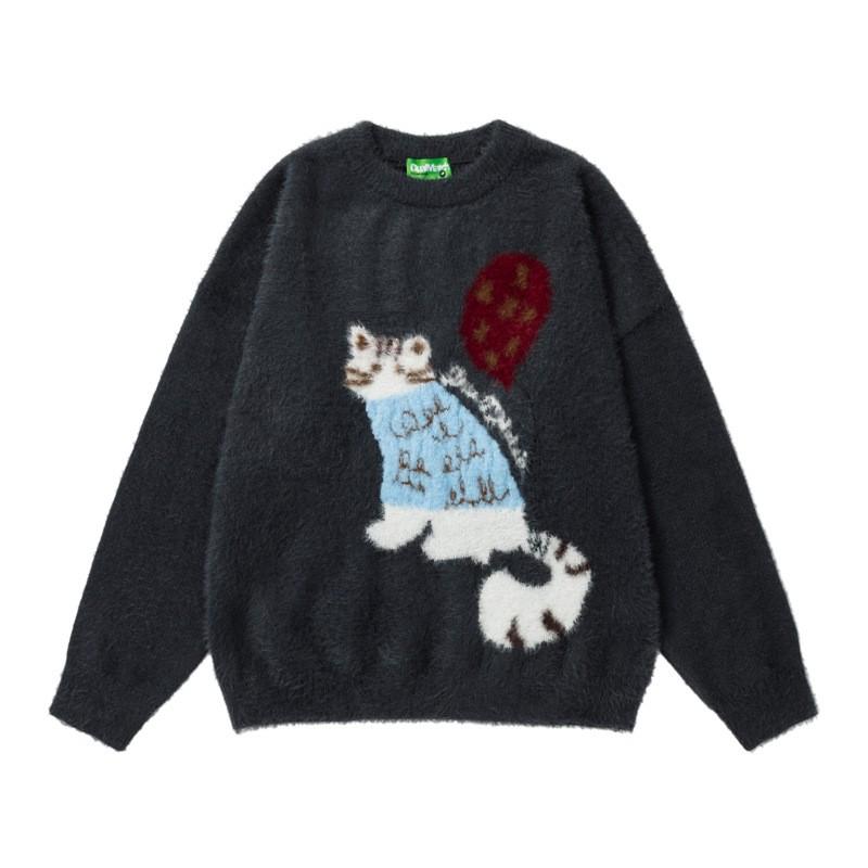 Cozy Oversized Knit Sweater With Cat