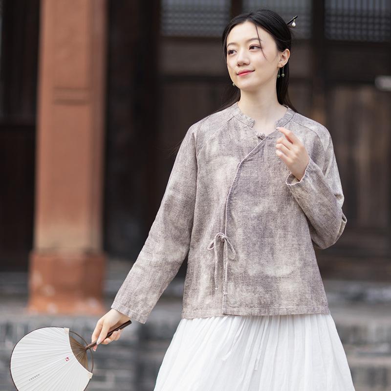 Johnature Women Vintage Shirts Tops Spring Chinese Style Long Sleeve Button Loose Shirts