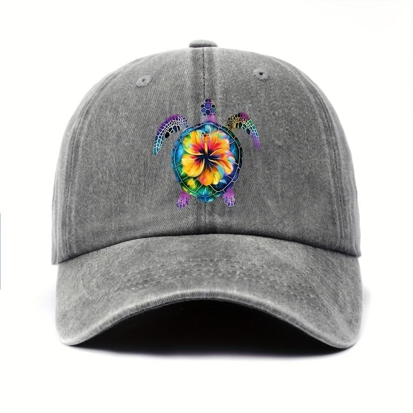Vibrant Tropical Hibiscus Turtle Print Baseball Cap Distressed Casual Adjustable Sun Hat Unisex