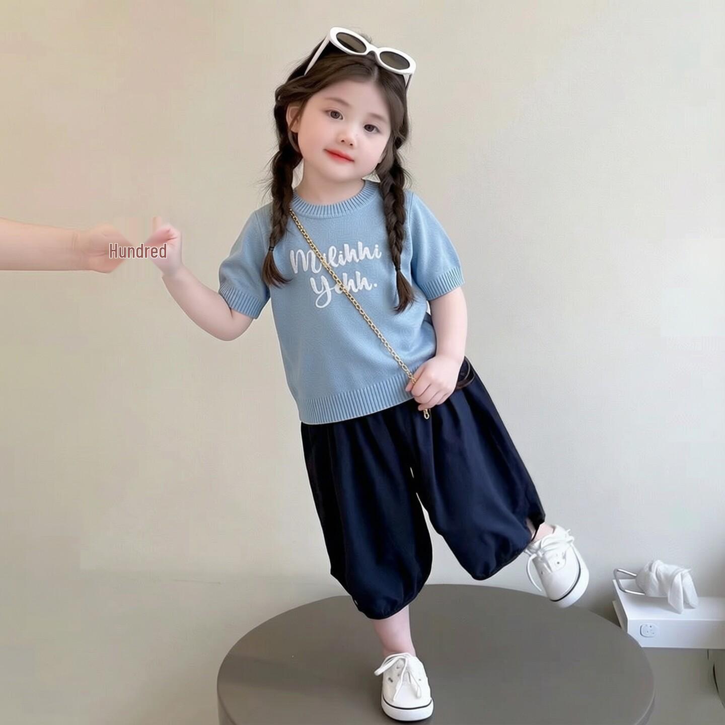 2026 Girls Summer Knit T-Shirt: Stylish Short Sleeve with Letter Embroidery for Toddlers & Kids 130 cm
