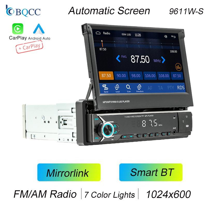 BQCC 9611W 7" 1 Din Car MP5 Player AUX BT TF USB Colorful lights RDS Radio wireless Android AUTO/CarPlay Mirrorlink Car Stereo