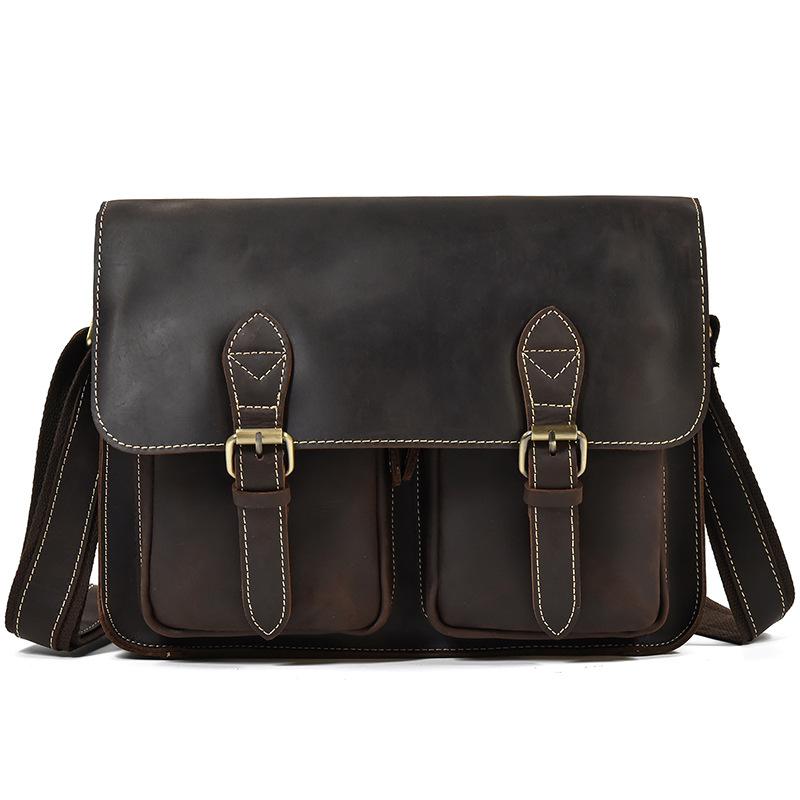 Men'S Genuine Leather Shoulder Bag Crazy Horse Leather Messenger Bag First Layer Cowhide Flip Shoulder Bag Casual Bag