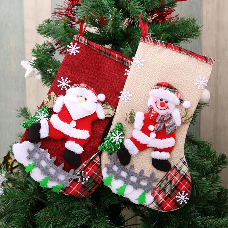 Large Linen Christmas Stocking & Gift Bag Set for Decorations