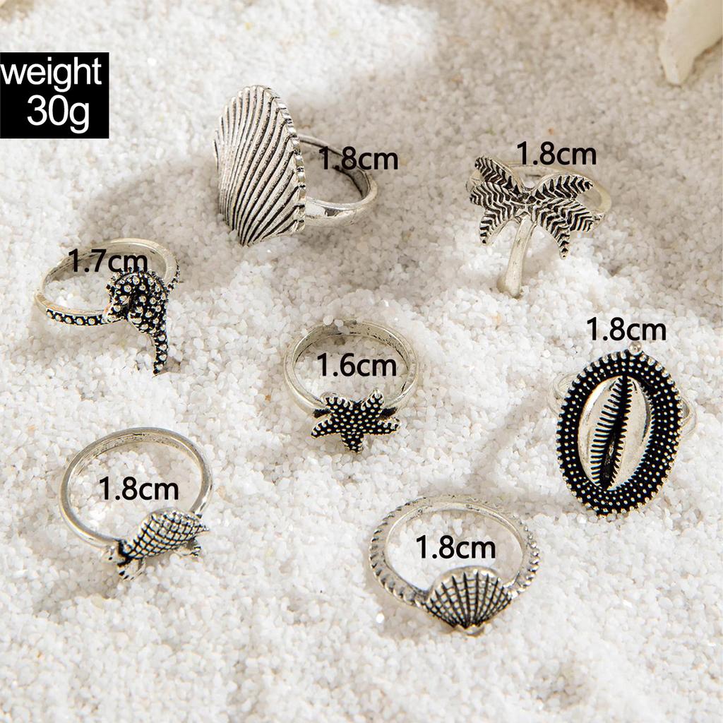 European and American Bohemian Starfish Scallop Ring Beach Style Coconut Tree Butterfly Carved Vintage Ring Set
