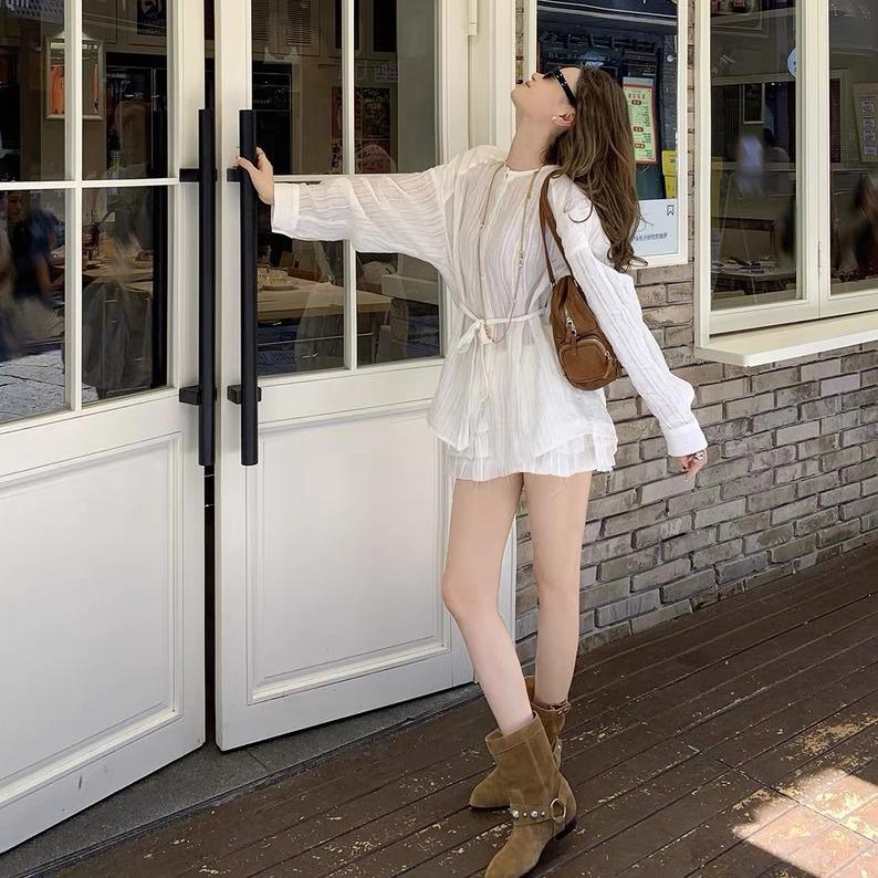 Leather Suede Niche Rivets Thick Heel Flat Bottom Pointed Western Cowboy Boots Short Boots Women's Autumn and Winter New Martin Boots