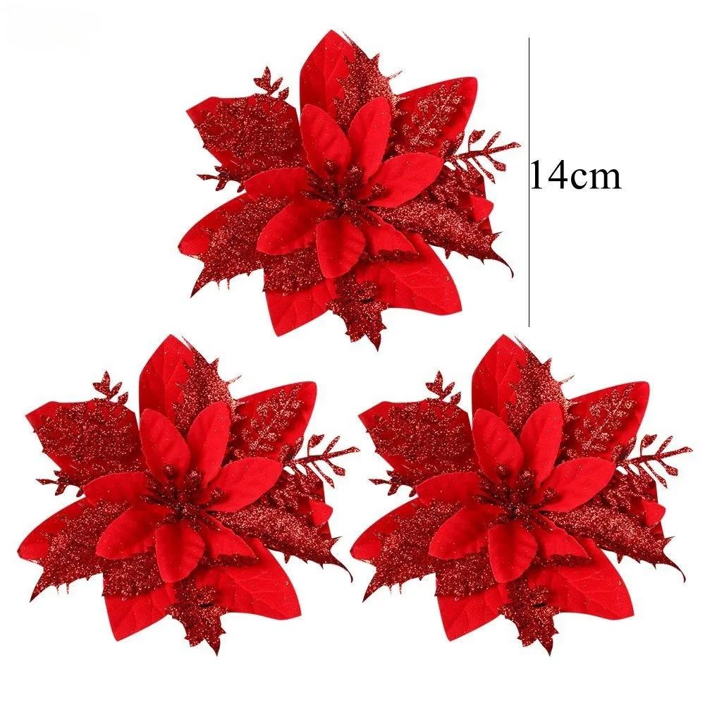 10PCS Christmas Flowers Red Gold Bling Flower Heads For Noel Home Tree Decorations Navidad Party Table Setting Decor Supplies