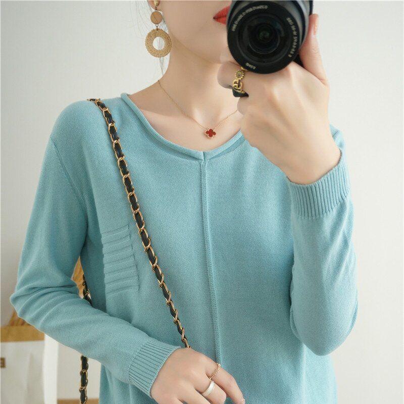 Baumwollpullover im koreanischen Stil mit gerolltem Saum und Rundhalsausschnitt für Damen, langärmlig und locker geschnitten