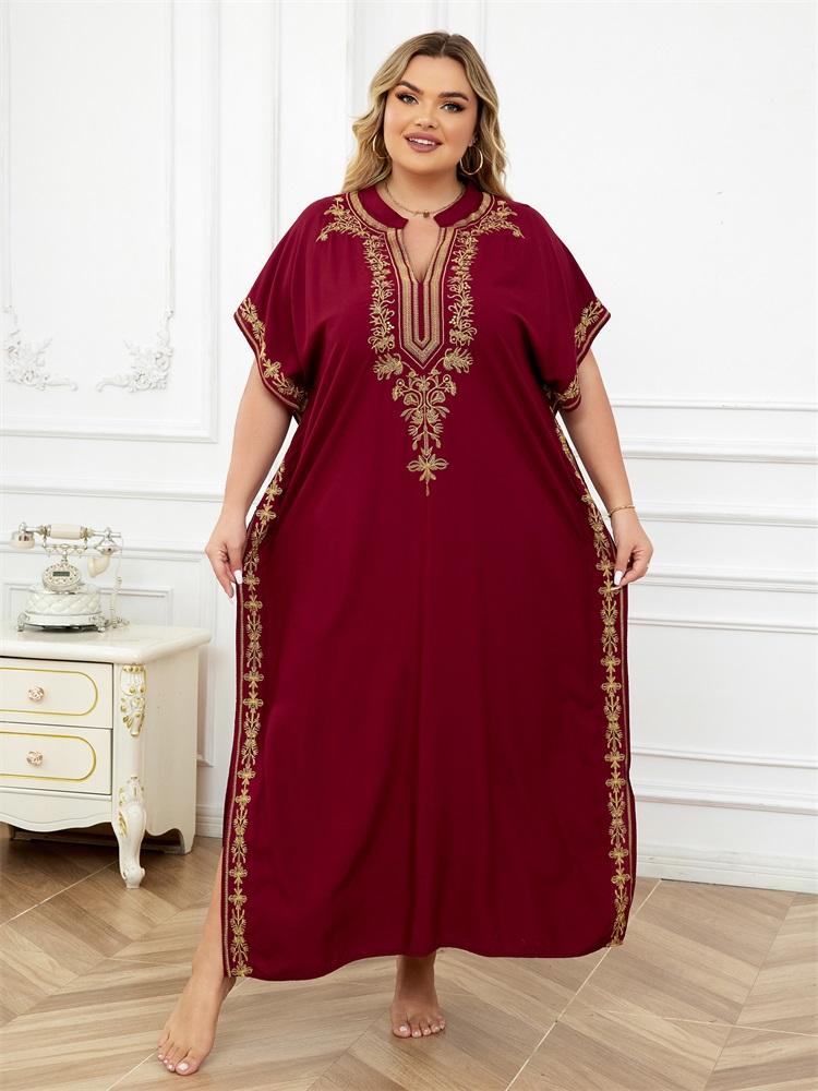 EDOLYNSA Embroidered Red Kaftan Women's Fashionable Robe Boho V-neck Batwing Sleeve Beach Maxi Dress Holiday Cozy House Robe