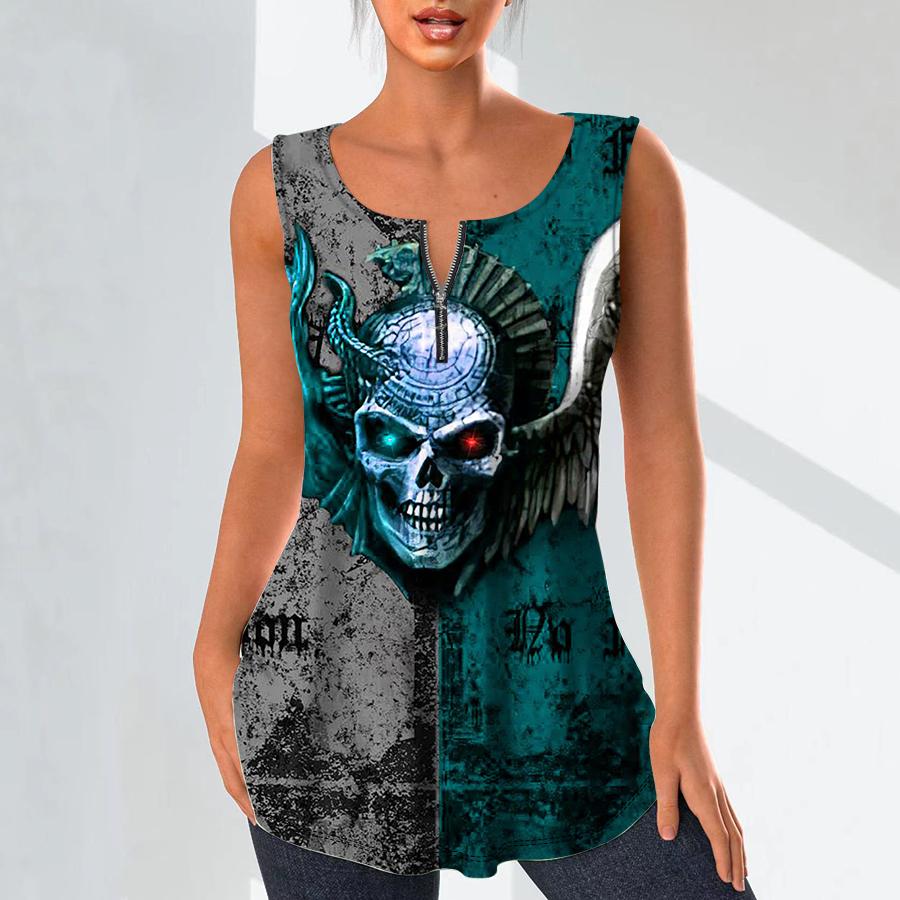 Camisas con cuello en V a la moda para mujer, camisetas informales, chaleco con estampado de esqueleto oscuro en 3D, blusa sin mangas de talla grande, camisetas sin mangas