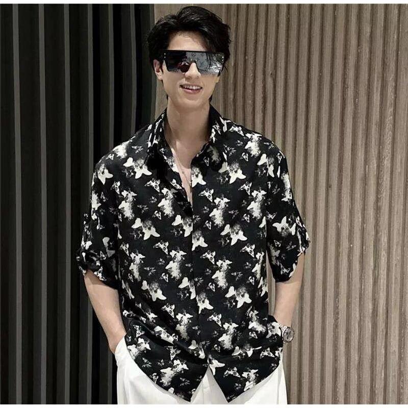 

Мужская летняя футболка с коротким рукавом, новая, высокого класса, с принтом бабочек, повседневный топ с рукавом средней длины для мужчин 2XL чёрный