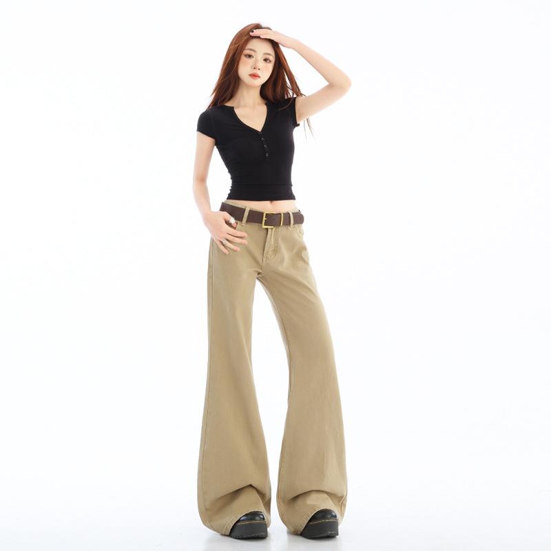 Khaki slightly pulled non-stick leg jeans women's American retro low-rise narrow version thin trousers