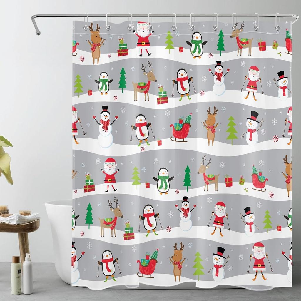 Winter Christmas Shower Curtain with Hooks, Cute Snowman in Snowy Forest Shower Curtain for Bathroom Decor Pine Tree Covered