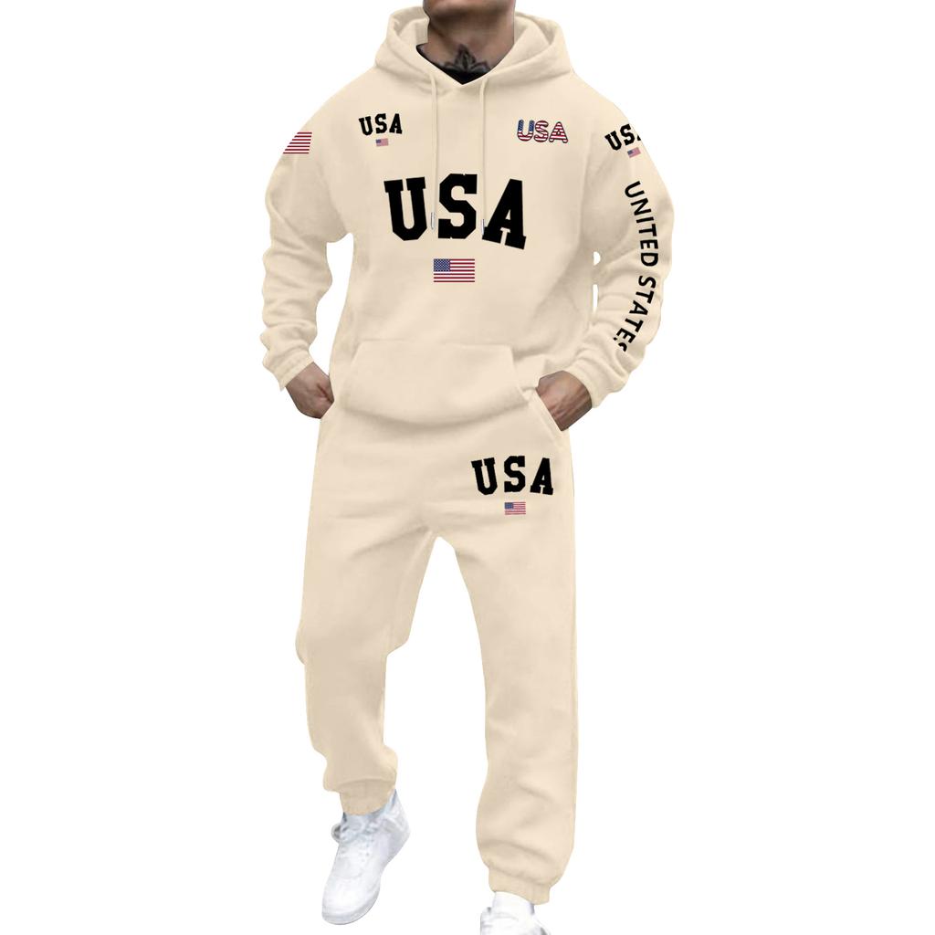 Mens Hooded Sweatshirt and Jogger Pants Set USA Letter Print Pullover Hoodie Long Sleeve Tracksuit Sportswear Outfit