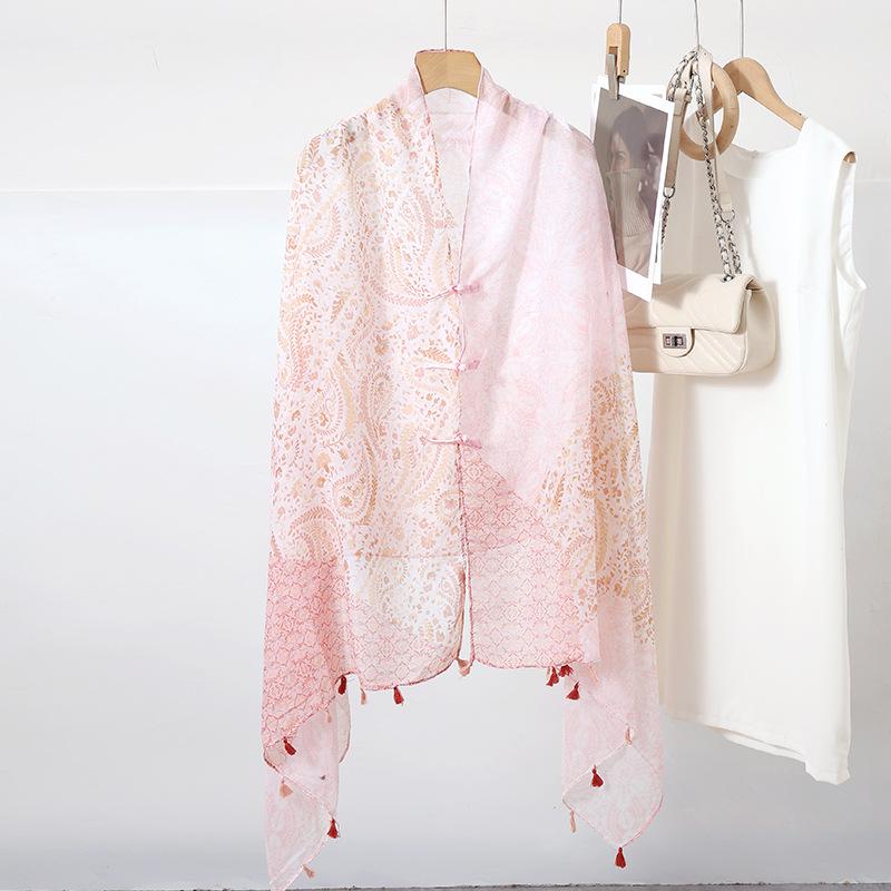 "Summer Ethnic Style Cotton-Linen Shawl: Handmade Retro Button Sunscreen Beach Cover-Up"