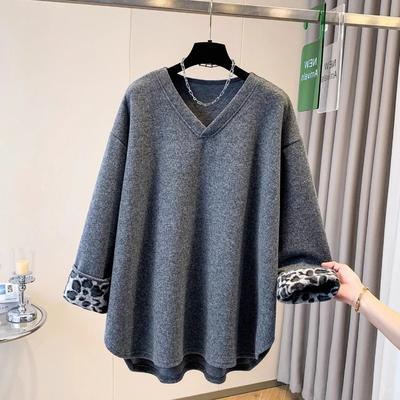 Sweatshirt for Women Oversize Leopard Fleece Thickened Loose V Neck Casual Pullover Long Sleeve Winter Sweatshirt Top