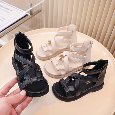 Girls Sandals Back Zipper Kids Roman Sandals Soild Color Versatile 2025 Summer New Children Princess Shoes Simple Bowtie Sweet