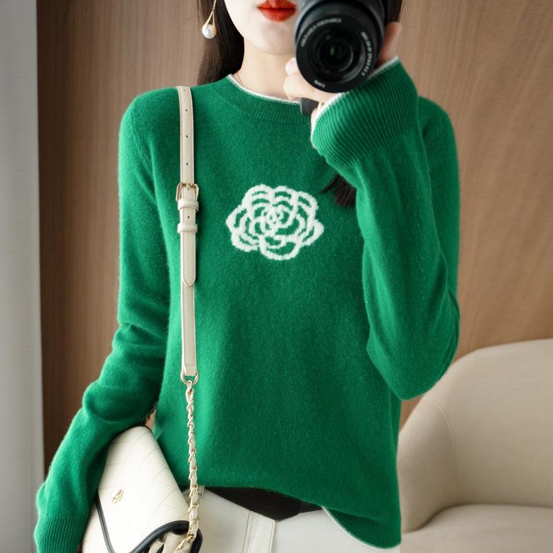 Women's Fashion Casual Flower Pattern Print Autumn Winter Long Sleeve O-Neck Loose Sweaters