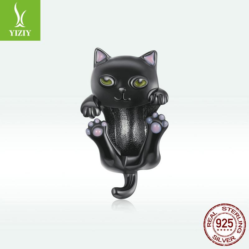 Black Gold Plated Cat Diy Bracelet Beaded, Cute Black Cat S925 Sterling Silver Beads Loose Beads